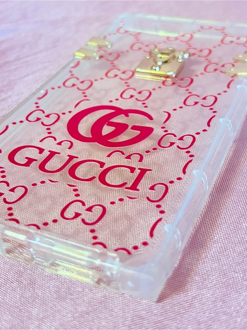 Gucci Logo Pattern Clear/Pink Phone Case with Golden Accents — iPhone 6,7,8 PLUS